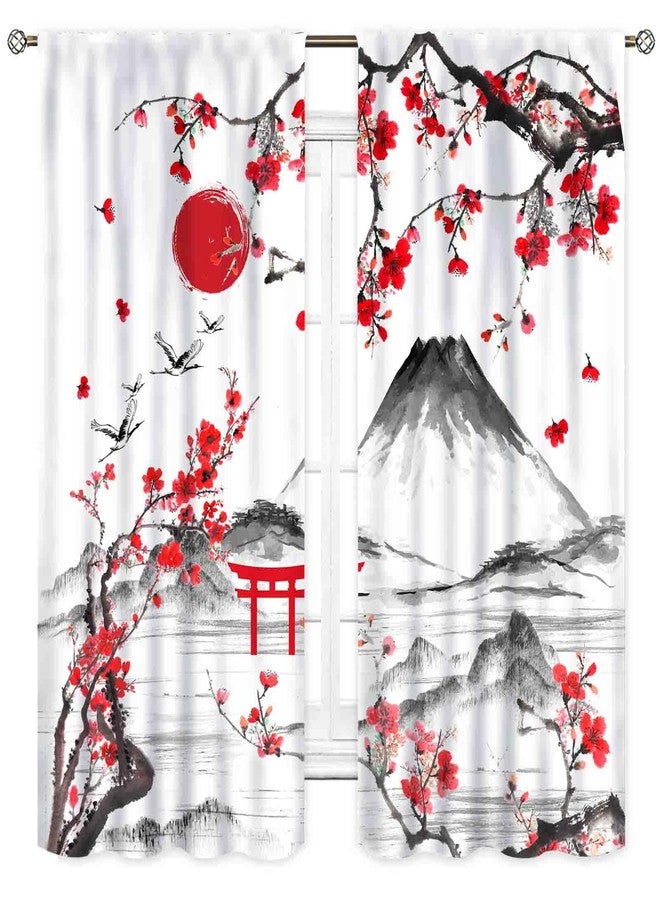 TKUYO Japanese Curtains, Traditional Ink Painting Red Floral Plum Cherry Blossom Asian Style Nature Mountains Landscape Window Drapes for Bedroom Living Room Kitchen Bathroom 2 Panels, 42"x45" Inch - Image 2